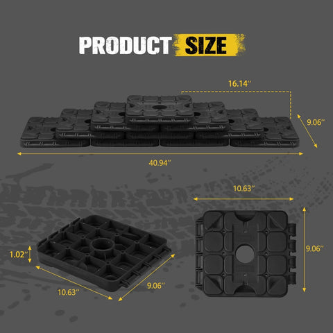 3 In 1 RV Leveling Blocks Set For Camper And Trailer Stackable Jack Blocks Interlocking Recovery Boards And Wheel Stabilizers 10 Pack With Carry Bag Black, showing dimensions.