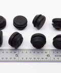 Black SBR Rubber Push In Bumper One Half Inch Diameter One Eighth Inch Height Fits Three Eighths Inch Panel Hole, 6 pack with ruler