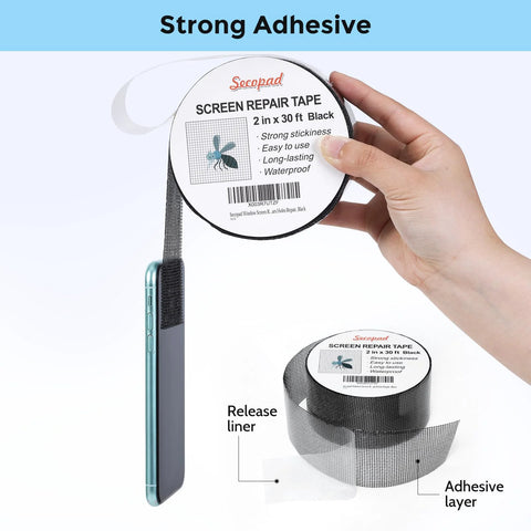 Black Window Screen Repair Tape 2 Inch By 30 Foot Fiberglass Mesh Patch shown in hand with strong adhesive