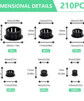 Dimensional details of 210-Piece Black Screw Hole Plugs Set, Nylon Plastic Round Hole End Caps For Furniture Cabinets, showing various sizes and quantities.