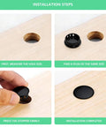 210-Piece Black Screw Hole Plugs Set showing step-by-step installation in wood panel, Nylon Plastic Round Hole End Caps For Furniture Cabinets