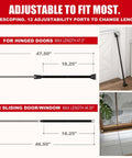2 In 1 Door Security Bar And Sliding Patio Bar With Interchangeable Caps Heavy Duty Iron Construction Adjustable From 18.25 To 47.5 Inches Dual Purpose Door Stopper Lock 2 Pack For Home Apartment Travel Black showing adjustable length features for doors and windows.
