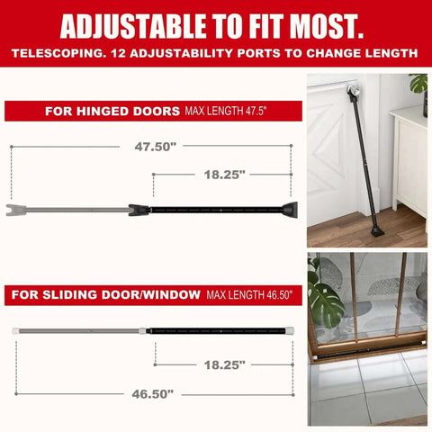 2 In 1 Door Security Bar And Sliding Patio Bar With Interchangeable Caps Heavy Duty Iron Construction Adjustable From 18.25 To 47.5 Inches Dual Purpose Door Stopper Lock 2 Pack For Home Apartment Travel Black showing adjustable length features for doors and windows.