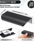 Black 3.15-inch self adhesive finger pull for cabinets showing size, adhesive sticker, and strong adhesion. 20 pack included.