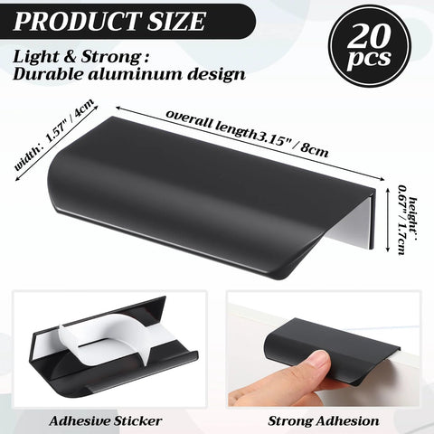 Black 3.15-inch self adhesive finger pull for cabinets showing size, adhesive sticker, and strong adhesion. 20 pack included.