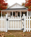 White fence gate featuring a 14" Fence gate Spring self Closing and Adjustable for Wooden or Vinyl Fence, Carbon Steel, Black(gate spring-14).