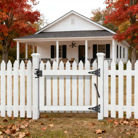 White fence gate featuring a 14" Fence gate Spring self Closing and Adjustable for Wooden or Vinyl Fence, Carbon Steel, Black(gate spring-14).