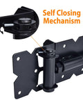 Close-up of black self closing gate hardware hinge with adjustable mechanism for wooden/vinyl/PVC fences, 90 degree adjustable, shown with installation screws detail.