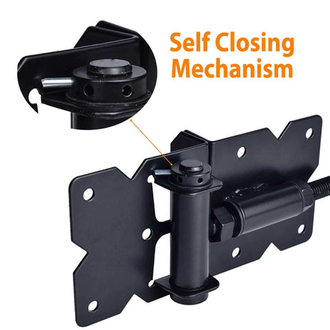 Close-up of black self closing gate hardware hinge with adjustable mechanism for wooden/vinyl/PVC fences, 90 degree adjustable, shown with installation screws detail.
