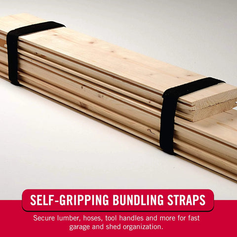 One-Wrap Double-Sided Self Gripping Hook And Loop Tape Roll securing wooden planks for cable management and quick bundling, reusable, cut-to-length or pre-cut, 12 foot by 3/4 inch black tape for indoor outdoor heavy-duty use.