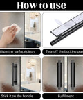 Installation steps for 30 Pack Self Stick Push Pull Cabinet Handles In Black ABS Plastic with wipe clean, peel tape, and application.