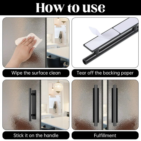 Installation steps for 30 Pack Self Stick Push Pull Cabinet Handles In Black ABS Plastic with wipe clean, peel tape, and application.