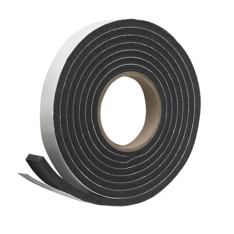 Roll of Self-Stick Rubber Foam Weatherseal, 3/8"W, 3/16"T, Black showing sponge texture and adhesive backing.