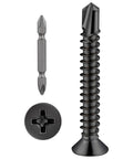 250pcs #8 x 1-1/4 Inch Flat Head Self Tapping Sheet Metal Screws Black Stainless Steel, screw bit, and head detail view