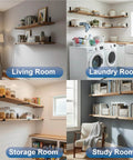 12 inch Shelf Brackets 6-Pack installed as wall shelving in living, laundry, storage, and study rooms with black coated finish