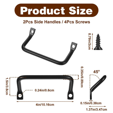 Black Side Mounted Tray Handle Set With Two Metal Pulls And Four Screws for cutting boards, showing dimensions and angles.