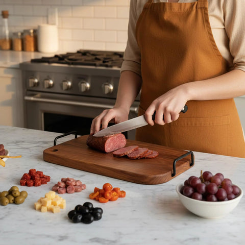 Black Side Mounted Tray Handle Set With Two Metal Pulls And Four Screws for charcuterie boards, shown on kitchen counter.