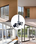 Four Wheel Silent Trolley Rollers Assembly For Unistrut Channel With Hidden Bolt Design Compatible With One And Five Eighths Inch Wide And Taller Strut Channels Black Finish Pack Of Two Designed For Smooth Quiet Operation On Warehouse Racking And displayed with sliding doors and wooden frame