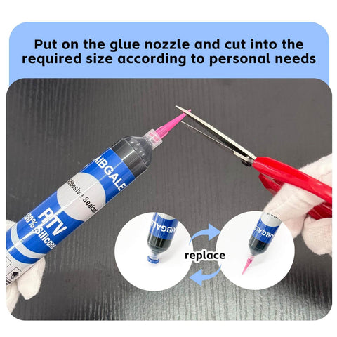 Cutting nozzle of Silicone Adhesive Sealant Black Waterproof Insulating Caulk For Auto Windshields, Doors, Circuit Boards And Sensors.
