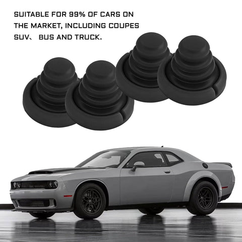 Four Piece Car Door Silicone Cushion Pads Shock Absorbers Kit For Soft Close And Door Slam Prevention Anti Collision Buffers For SUVs And Trucks Weather Resistant Airbag Safe Silencers Black shown with car