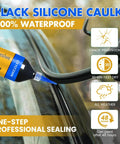 Automotive Black Silicone Sealant For Cars DIY Friendly Waterproof High Strength Flexible Crack Proof Caulk For Windshield Doors Gaskets and Trim Repair 1oz 30g All Weather being applied to car windshield for sealing.