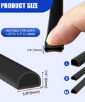 Close-up of a black D-shaped silicone weather stripping showing dimensions for door frame and window gaps, 3/8" W x 1/4" T
