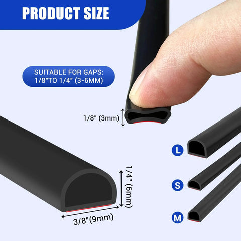Close-up of a black D-shaped silicone weather stripping showing dimensions for door frame and window gaps, 3/8" W x 1/4" T