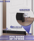 Close-up of Adjustable Door Sweep For Bottom Of Door Made From Thick Silicone Weather Stripping That Keeps Drafts And Noise Out Durable Under Door Gap Filler For Interior And Exterior Doors Low Friction No Slip Felt Black 39 Inch installed on white door showing fit dimensions.