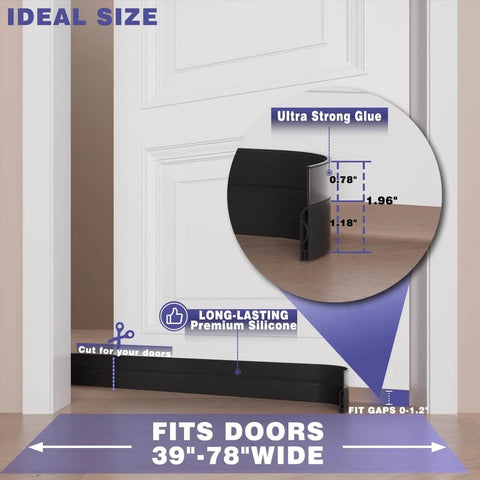 Close-up of Adjustable Door Sweep For Bottom Of Door Made From Thick Silicone Weather Stripping That Keeps Drafts And Noise Out Durable Under Door Gap Filler For Interior And Exterior Doors Low Friction No Slip Felt Black 39 Inch installed on white door showing fit dimensions.