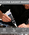 Person applying Black Silicone Gasket Maker Sealant 6 Pack For High Temperature Gasket Sealing In Automotive, Motorcycle, And Machinery Repair