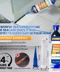 Black Silicone Sealant Adhesive For Automotive Windows Bathrooms And Kitchens That Stays 100 Percent Waterproof And Leak Proof Weatherproof And UV Resistant Built To Last With High Bond Shrink And Crack Resistance 1.4oz 40g tube with applicator and close-up of use on tiles.