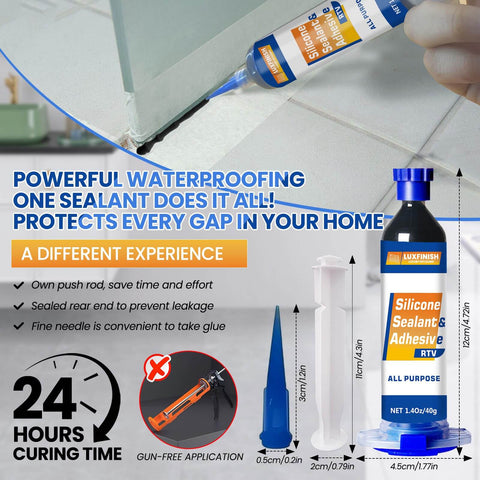 Black Silicone Sealant Adhesive For Automotive Windows Bathrooms And Kitchens That Stays 100 Percent Waterproof And Leak Proof Weatherproof And UV Resistant Built To Last With High Bond Shrink And Crack Resistance 1.4oz 40g tube with applicator and close-up of use on tiles.