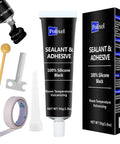 Black RTV Silicone Sealant Adhesive tube, 1.8 oz, shown with applicator tools, tape, and packaging for waterproof sealing in car windows.