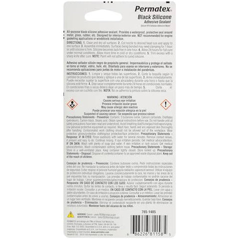 Back view of Black Silicone Adhesive Sealant Sensor Safe RTV Indoor Outdoor Waterproof Flexible Sealant For Glass Metal Plastics Fabric Vinyl Weather Stripping And Vinyl Tops 3 Oz Tube Pack Of 1 package