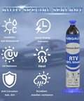 Tube of Silicone Adhesive Sealant Black Waterproof Insulating Caulk For Auto Windshields, Doors, Circuit Boards And Sensors, Non-Conductive, Ink-Proof, 1.06oz Quick-Dry In About 15 Minutes, High Adhesion And Temperature Resistance, with features displayed.