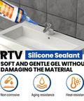 Black Silicone Sealant Adhesive For Automotive Windows Bathrooms And Kitchens That Stays 100 Percent Waterproof And Leak Proof Weatherproof And UV Resistant Built To Last With High Bond Shrink And Crack Resistance 1.4oz 40g tube shown with bathroom sink application.
