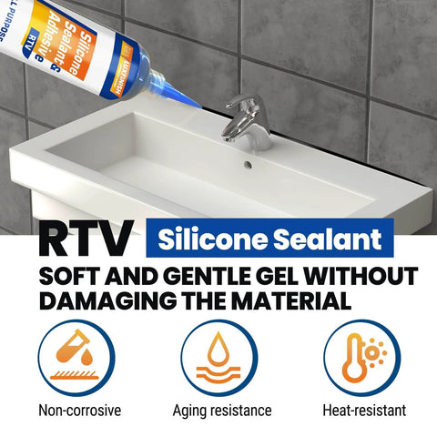 Black Silicone Sealant Adhesive For Automotive Windows Bathrooms And Kitchens That Stays 100 Percent Waterproof And Leak Proof Weatherproof And UV Resistant Built To Last With High Bond Shrink And Crack Resistance 1.4oz 40g tube shown with bathroom sink application.