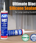 Heavy Duty Black Silicone Sealant For Permanent Waterproofing And Heat Resistance, 100 Percent RTV Caulk displayed on a table.