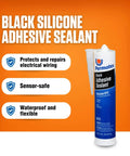 Black Silicone Adhesive Sealant tube with protective features highlighted, heavy-duty RTV for indoor and outdoor use.