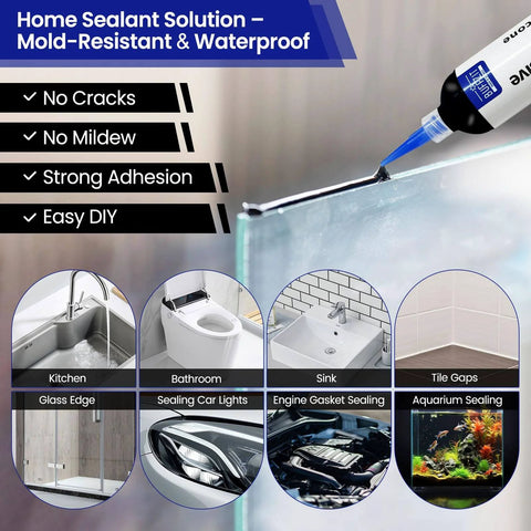 Silicone Adhesive Sealant For Auto And Home Use, 100 Percent Waterproof Black Caulk With A Super Strong Bond That Wont Shrink Or Crack, Perfect For Gaskets Engine Sunroof Headlights Windows And Easy Home Repairs, 30g showing application on glass edge