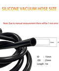 Diagram showing dimensions of silicone vacuum hose with 15mm ID and 23mm OD, illustrating measurement notes.