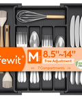 Effortlessly organize kitchen drawers with an expandable silverware organizer, BPA-free, adjustable from 8.5 to 14 inches, 7 compartments.