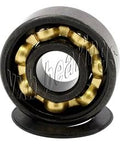 Close-up of 8-Pack Skateboard Black Bearings - Bronze Cage & Black Seals 8x22x7mm showing gold ball bearings inside.