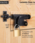 Heavy Duty Black Slide Bolt Gate Latch For Wooden Fences And Vinyl Gates With Padlock Hole shown installed on gate