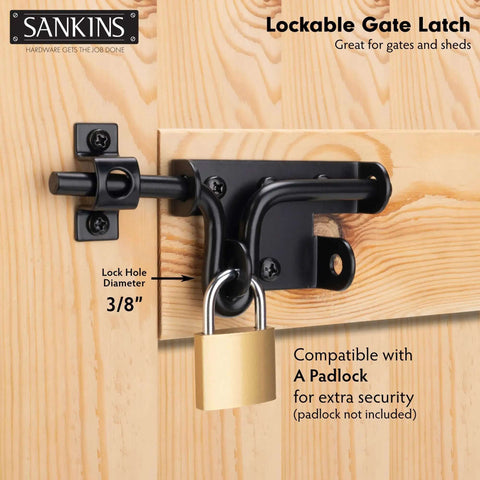 Heavy Duty Black Slide Bolt Gate Latch For Wooden Fences And Vinyl Gates With Padlock Hole shown installed on gate