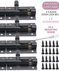 Beefy 2 Inch Black Aluminum Slide Bolt Latch For Doors And Gates, package contains 4 latches, screwdriver, and mounting screws