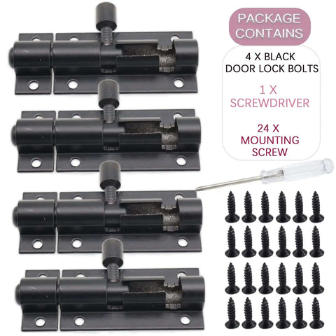 Beefy 2 Inch Black Aluminum Slide Bolt Latch For Doors And Gates, package contains 4 latches, screwdriver, and mounting screws