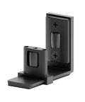 Sliding barn door bottom floor guide with adjustable U shape, flush wall mounted design, black finish, dual concealed pulleys visible