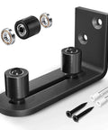 Black Sliding Barn Door Bottom Floor Guide with ball bearings, adjustable stay roller, and wall mount system, flush flat bottom design.