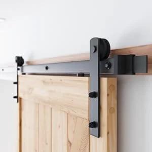 8.2 FT Heavy Duty Sturdy Sliding Barn Door Hardware Kit, Black, mounted on wooden door, showing I Shape Hanger